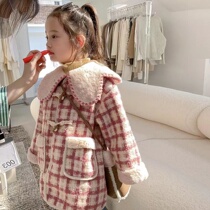 Girl Plaid Hair Coat 2021 Autumn Winter New Plus Suede Thickened Fur Integrated Child Korean Version Petal Tide