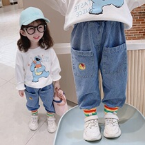 Girl Spring Clothing Jeans Han Edition Foreign Air Children Female Baby Girl Spring Autumn Pants Outside Wearing Loose Spring