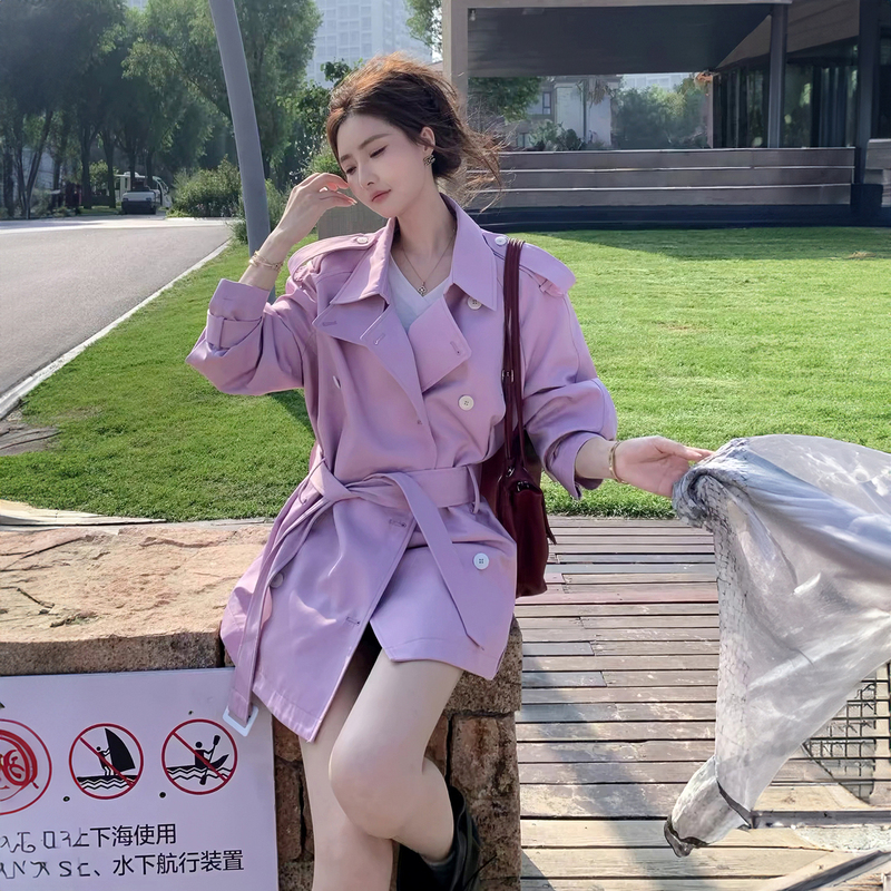 Purple Trench Coat for Women, Autumn 2026 New Korean Style, Fashionable, Casual, Loose, Mid-Length, Double-Breasted Coat