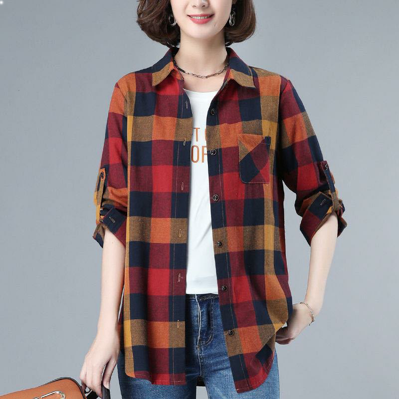 Cotton Plaid Shirt for Middle-Aged Women, Long-Sleeved, Spring and Autumn, Korean Style, Plus Size, Loose, Slimming, Shirt Jacket, New and Elegant