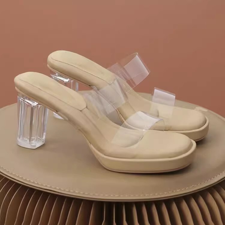 soft sole Thick-Soled Waterproof Platform Transparent One-Strap High-Heeled Sandals for Women, Summer Outerwear, Crystal Heel, Thick Heel Sandals