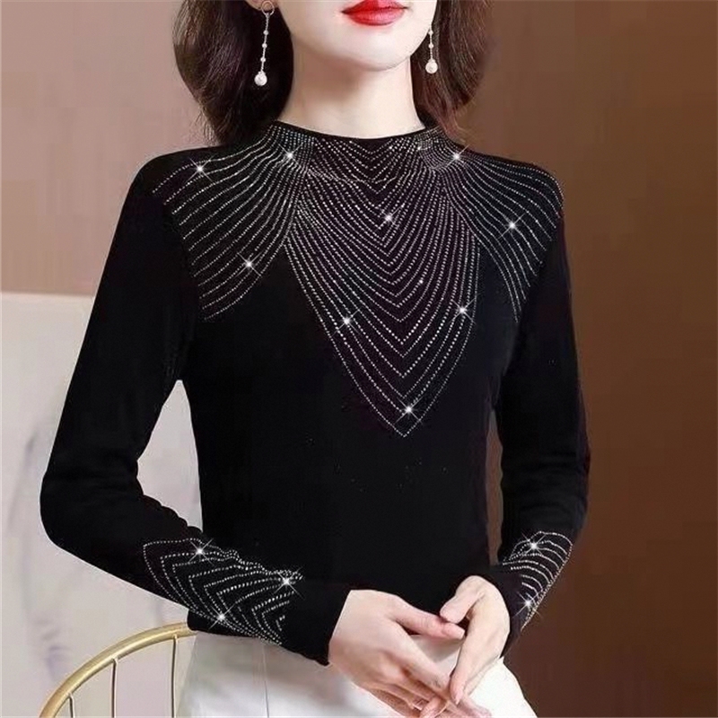 New Style Rhinestone Half-High Collar Top, Stylish and Slimming Black Fashion Slim-Fit Long-Sleeve Versatile Autumn and Winter Outfit