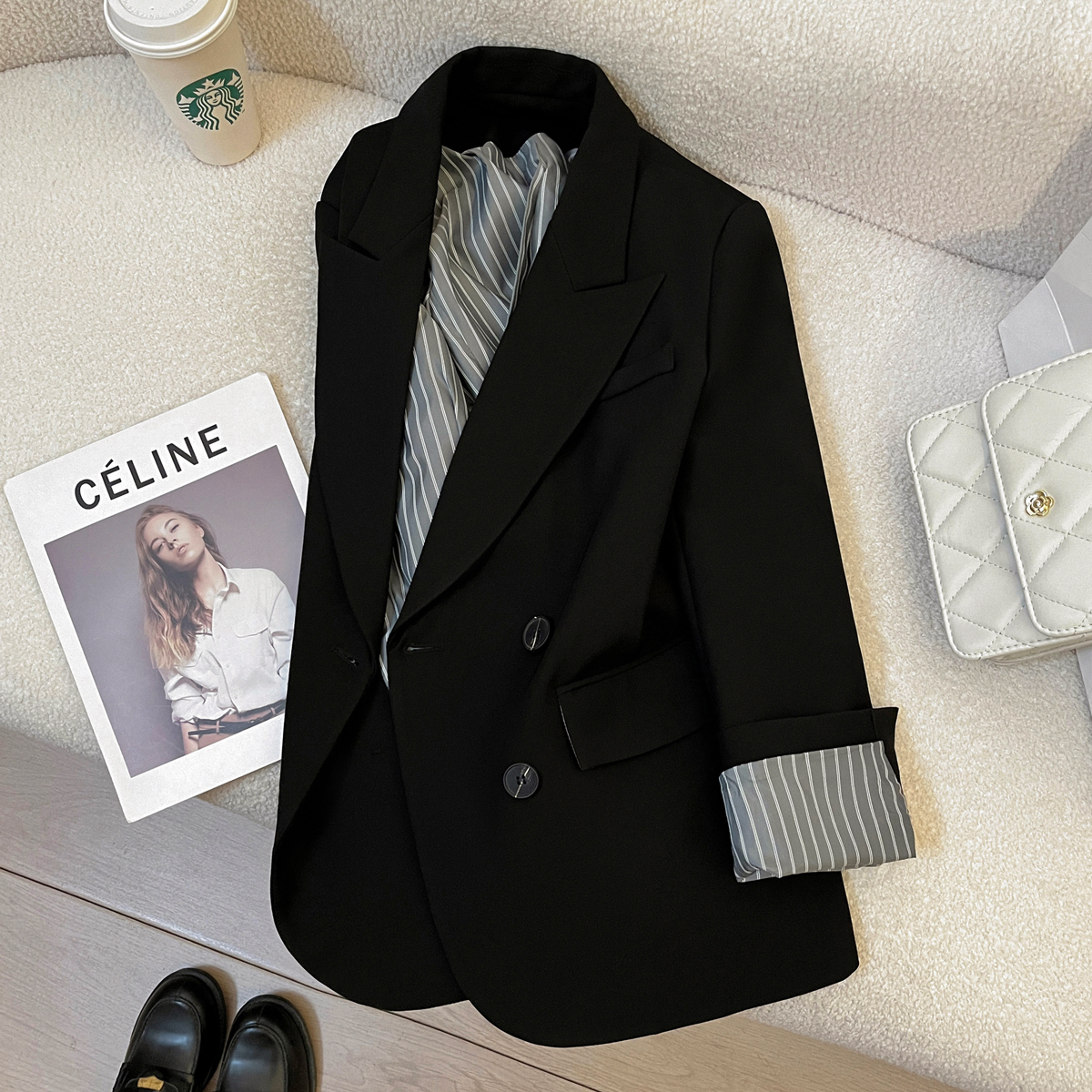 Черный полосатый пиджак с рукавами design sense, женский осенний пиджак 2025, новый стиль, маленький универсальный модный темпераментный костюм
