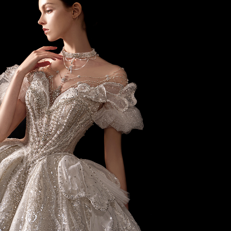 Elite white advanced wedding dress for princess for bride, french style, open shoulders, 2023 collection, high-end