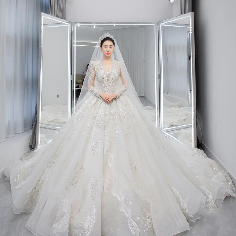 Long -sleeved light wedding dress 2023 new bride temperament, small, high -level sensor, luxury large trailer main gauze texture Long -sleeved light wedding dress 2023 new bride temperament, small, high -level sensor, luxury large trailer main gauze texture