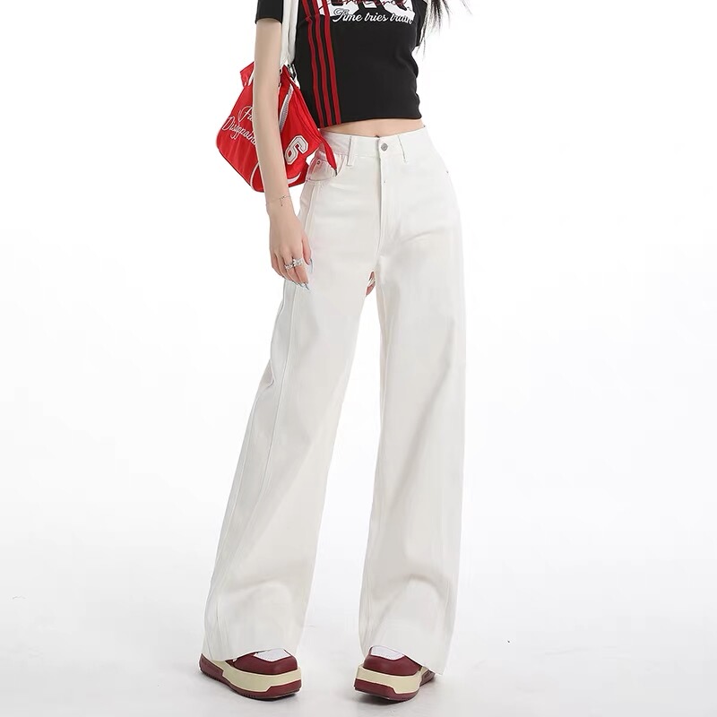 Tangtang Manufacturing Machine White Wide-Leg Jeans for Women, New Autumn Style, Plus-Size High-Waisted Loose Slimming Straight-Leg Pants