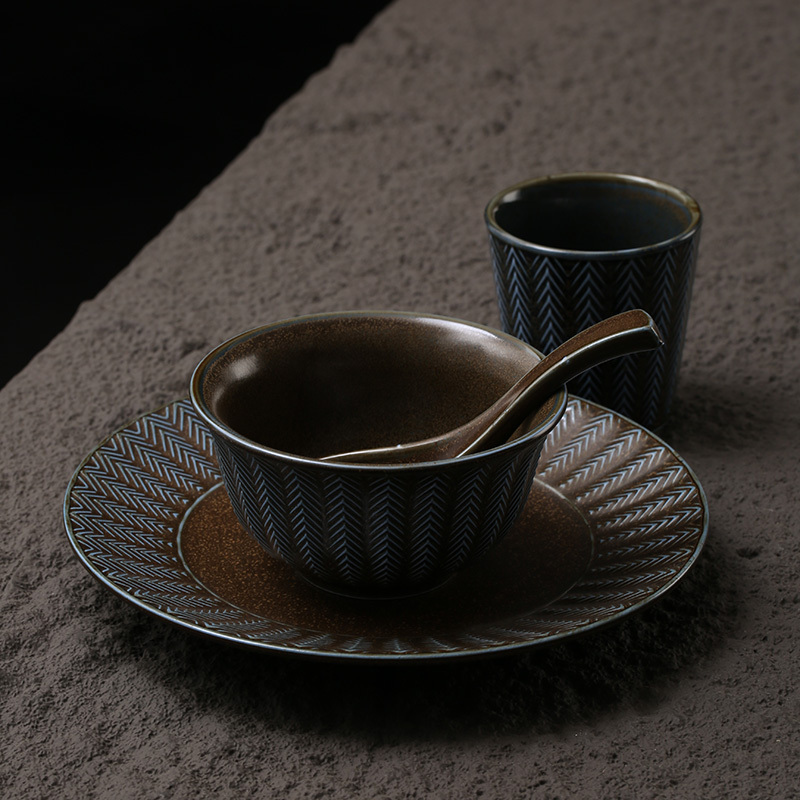 New Chinese-Style Creative Retro Ceramic Tableware Set, Special Restaurant Mountain and Field Style Bone China Plate, Bowl, Cup, and Spoon Four-Piece Set