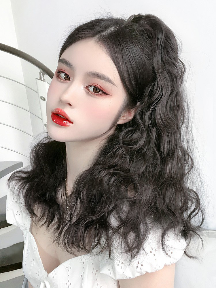 Wig female long hair grab clip ponytail corn hot strap pear flower high ponytail fluffy natural long curly hair fake ponytail