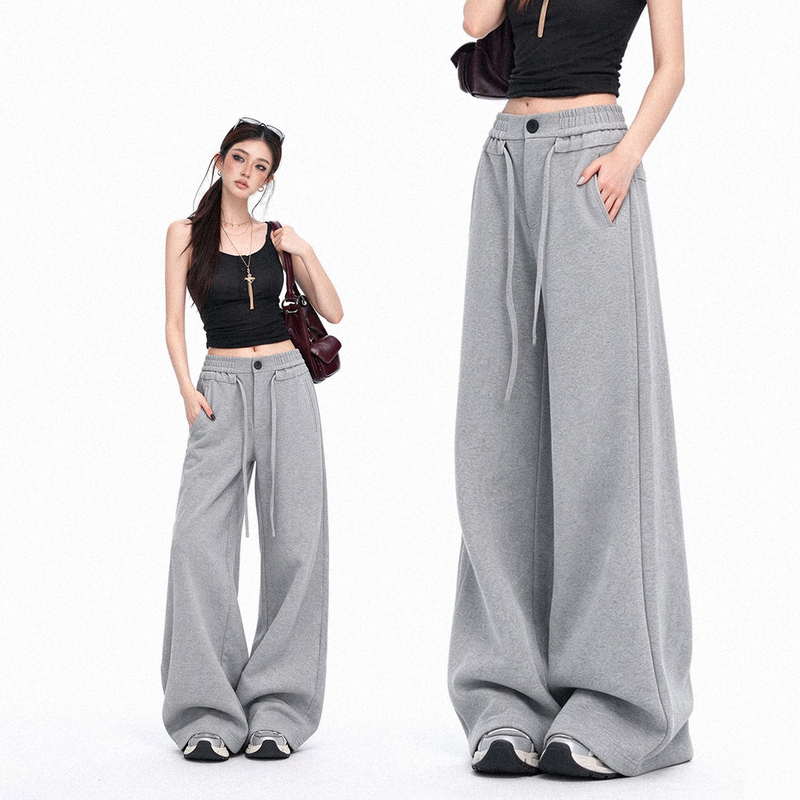 Kazalin Gray Straight-Leg Sweatpants for Women, Versatile Elastic Waistband, American High Street Style, Two-Tone Sports Casual Pants, Pear-Shaped Flattering Pants Kazalin Gray Straight-Leg Sweatpants for Women, Versatile Elastic Waistband, American High Street Style, Two-Tone Sports Casual Pants, Pear-Shaped Flattering Pants