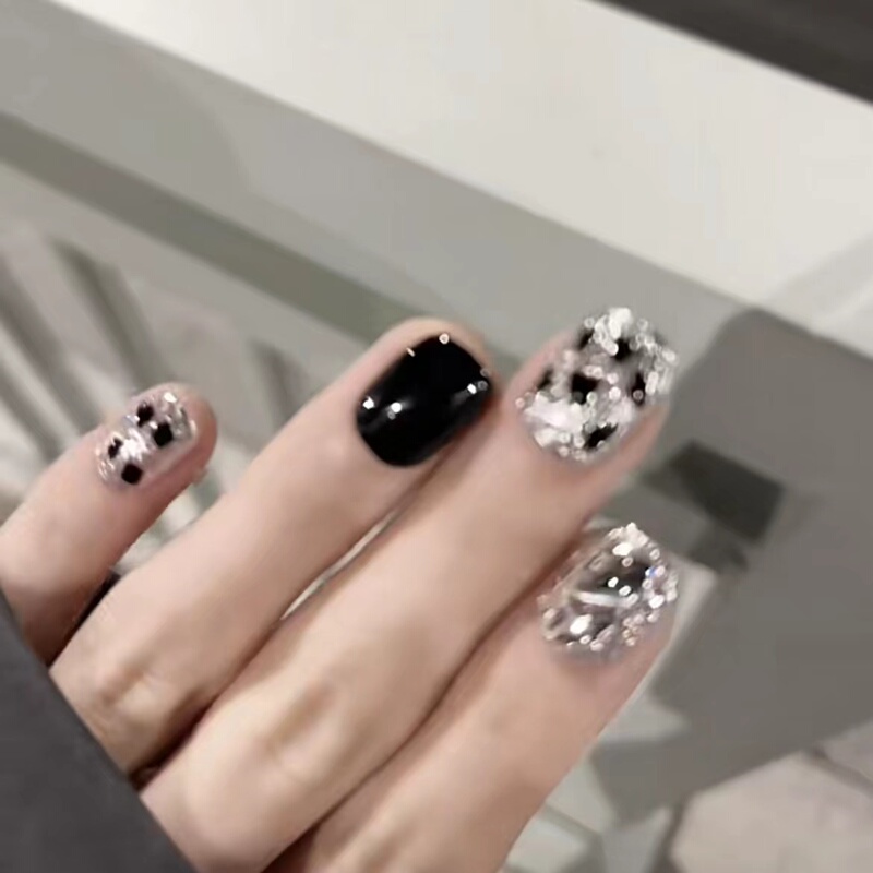 Stone Summer Handmade Nail Patches Magic Mirror Powder Black Manicure Finished Product Black Gold Leopard Print Student Wearable Nails