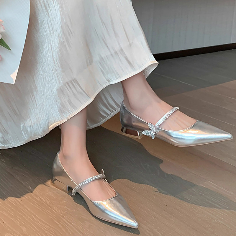 フレンチスタイルのソフトレザー、シルバーラインストーン付きシングルシューズ、レディース2025年新作、ポインテッドトゥ、ローカット、フラット、シングルストラップ、チャンキーヒールのメリージェーンシューズ