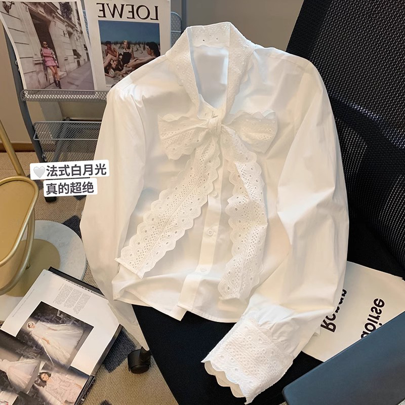 White Lace Bow Blouse for Women, New Autumn and Winter Style, Early Spring French Top, Layered Inner Wear, Base Shirt