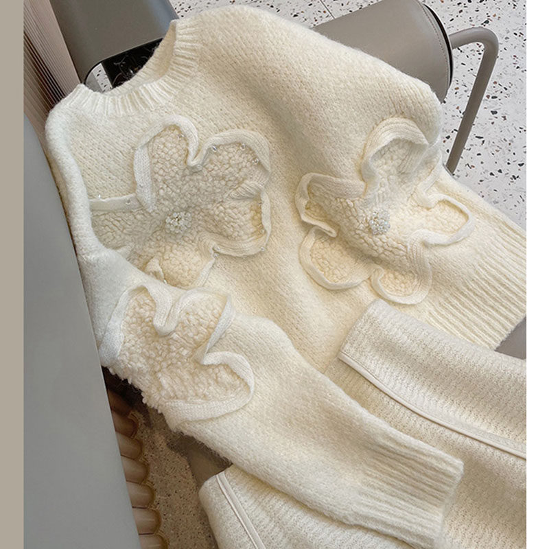 Harbour Vintage Chic Heavy Industry Flower Embroidery Short Raccoon Velvet Sweater with Two Package Winter