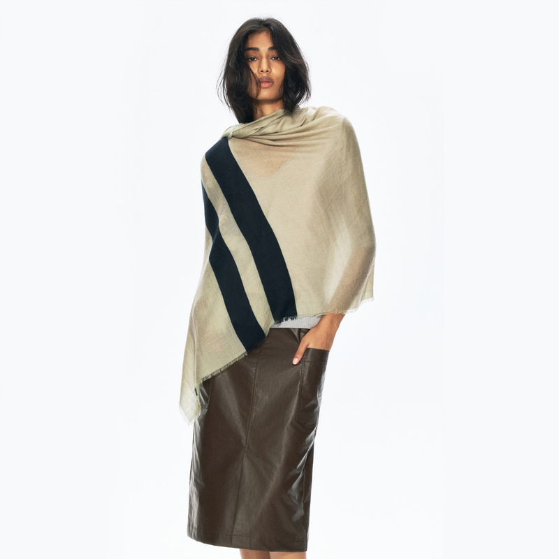 Rarely Alike Cashmere and Silk Blend Color-Blocked Striped Scarf in Sage Khaki Rarely Alike Cashmere and Silk Blend Color-Blocked Striped Scarf in Sage Khaki