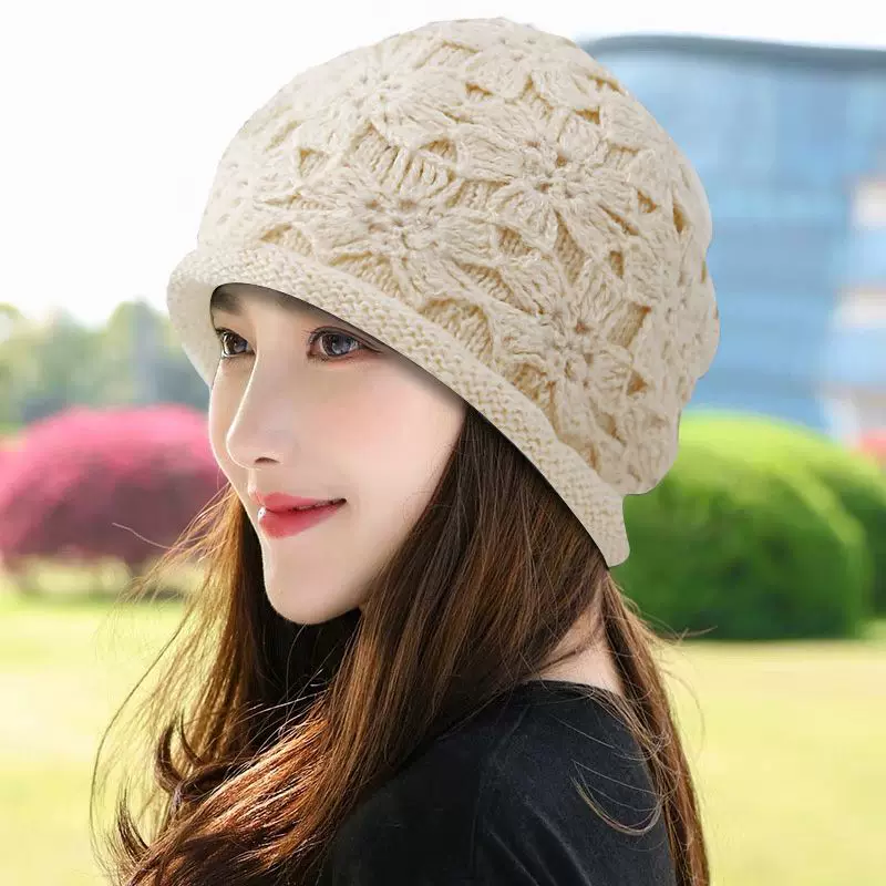 Winter woolen knitted hat, western style, flowered