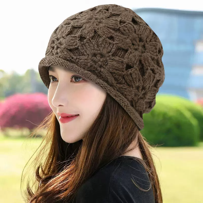 Winter woolen knitted hat, western style, flowered