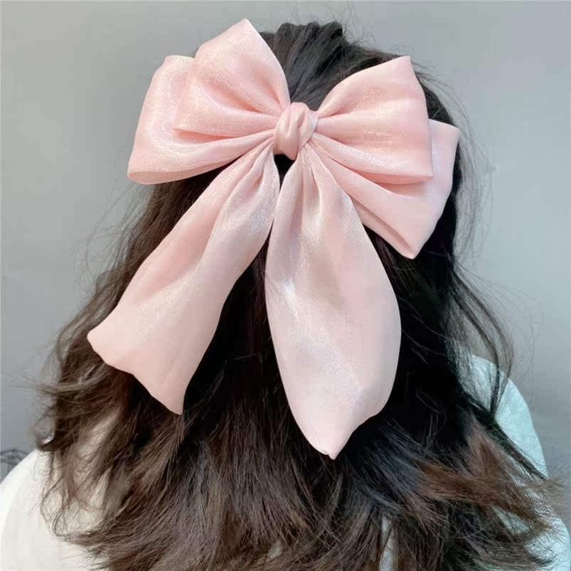 Blue bow hairpin sweet fabric three-layer bow hairpin girl pearl studded diamond spring clip Korean version