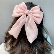 Blue bow hairpin sweet fabric three-layer bow hairpin girl pearl studded diamond spring clip Korean version