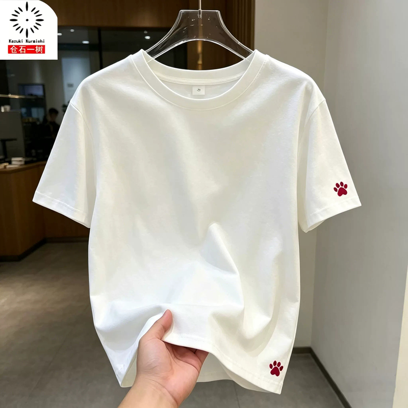 Kangshi Yishu Trendy Brand Cat Paw Print Casual Short-Sleeve T-Shirt for Men, Summer Loose Fit Versatile Design Couple's Top
