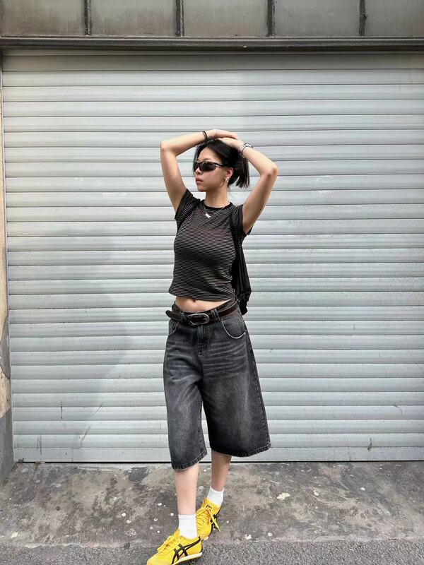 American Black Jeans, Low-Waisted Cropped Pants for Hot Girls, Loose Straight Casual Pants, Washed Mid-Length Pants American Black Jeans, Low-Waisted Cropped Pants for Hot Girls, Loose Straight Casual Pants, Washed Mid-Length Pants