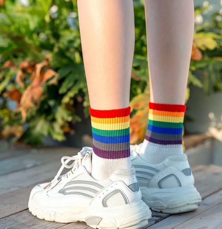 Rainbow socks i children ins trendy fashion thin section autumn mid-tube couple fun matching shark pants dad socks trend