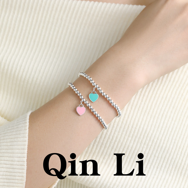 S925 Sterling Silver Bracelet with Blue Heart Silver Beads, Heart-Shaped, Similar to Tiffany's Bracelet, Imitation Gift for Girlfriend