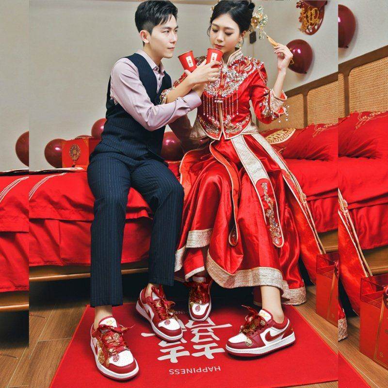 Official Website Red Aj Wedding Shoes Genuine Bride Shoes Wedding Engagement Women's Shoes Dunk Couple Style Sneakers Aj1 Sneakers