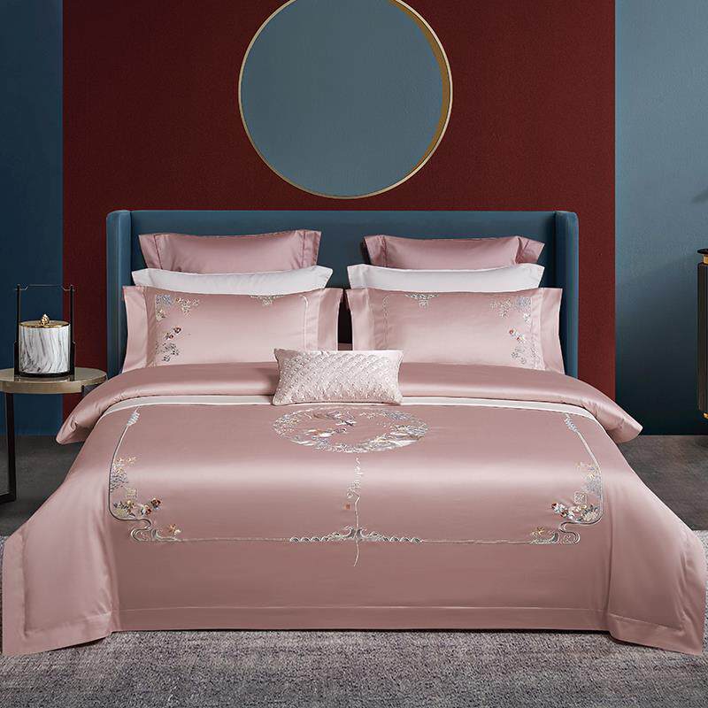 Sichen Home Textile New Chinese Style Four-piece Wedding Cotton Bed Sheet Pink Wedding Embroidery Wedding Bedding
