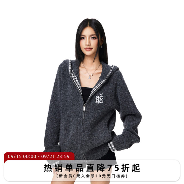 Simple hooded sweater loose lazy style sweater plaid couple coat