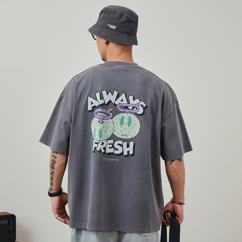 Broshood X Joeng Whonose Sand-Washed Vintage Distressed Fruit Cartoon Direct-Print Short-Sleeve T-Shirt Broshood X Joeng Whonose Sand-Washed Vintage Distressed Fruit Cartoon Direct-Print Short-Sleeve T-Shirt