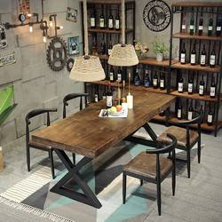 American-Style Retro Solid Wood Dining Table, Industrial-Style Restaurant Rectangular Iron Art Cafe Milk Tea Shop Bar Table and Chair Set