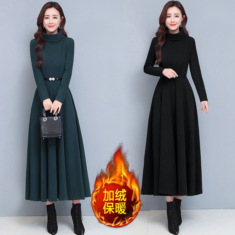 2026 Autumn/Winter New Style Fleece-Lined Thickened Dress for Women, Solid Color, Waist-Cinching, Slimming, High Neck, Flared Hem, Long Dress for Layering 2026 Autumn/Winter New Style Fleece-Lined Thickened Dress for Women, Solid Color, Waist-Cinching, Slimming, High Neck, Flared Hem, Long Dress for Layering