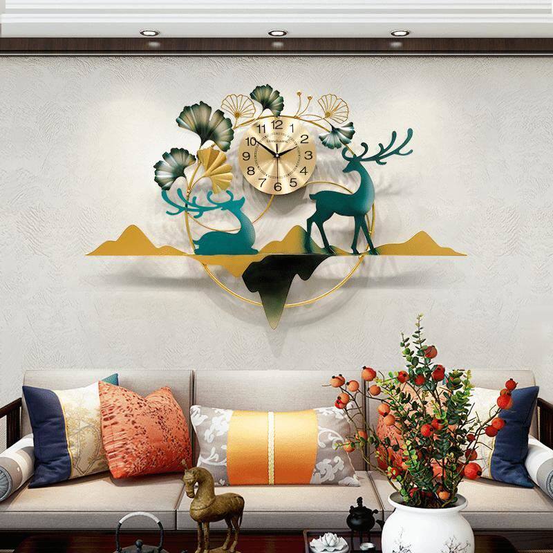 New Watch New Chinese Style Living Room Decoration Home Fashion Creative Foe Deer Middle Country Wind Landscape Background Wall Hanging Clock