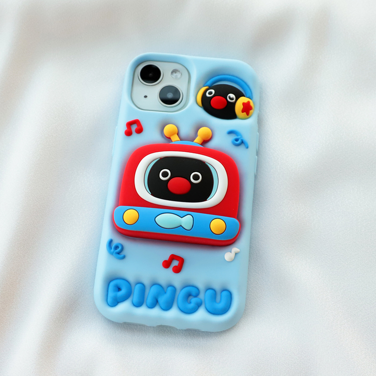 Retro Penguin PINGU TV Silicone : Kickstand Cartoon Design, Plus/Pro/Max – 16, 15, 14, 13, 12 iPhone Case