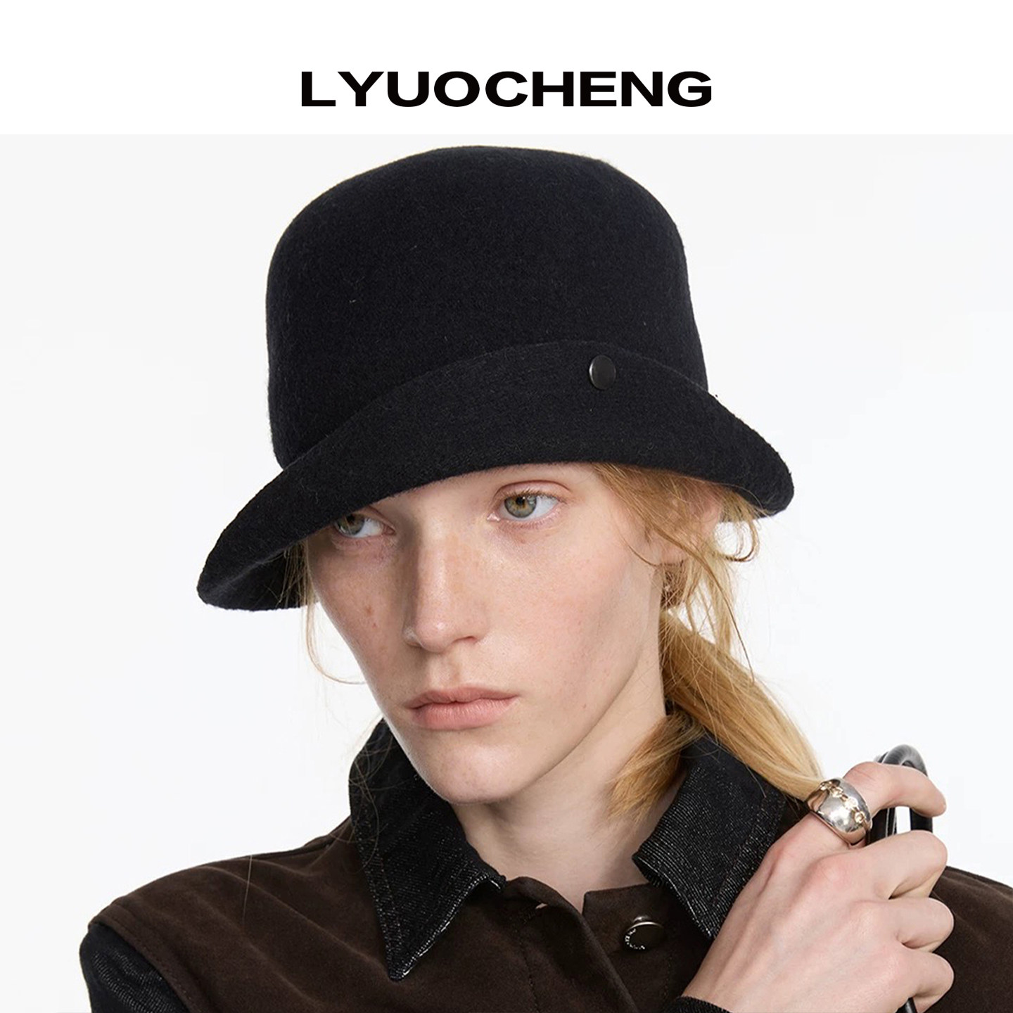 LYUOCHENG Zhang Jingyi's same style sheep wool dome retro wide-brimmed hat with foldable brim
