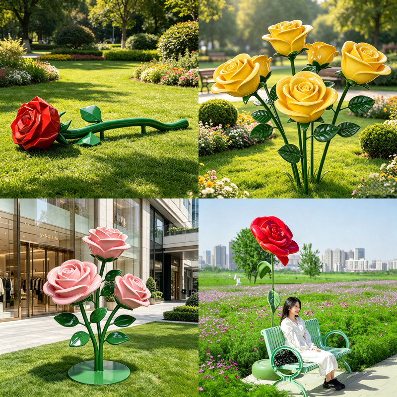 Fiberglass Outdoor Popular Rose Sculpture for Shopping Malls, Squares, and Parks, Large Realistic Flower Landscape Decoration Ornament