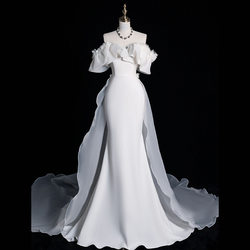 One word shoulder forest is light wedding dresses 2024 new supermme tail welcome gauze gauze high -level sense satin outdoor scene shooting wedding dress