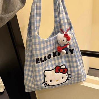 HelloKitty格子帆布包女2025新款大容量便携洗漱收纳袋卡通收纳包