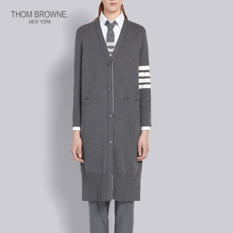 THOM BROWNE Lady Spring Summer Four Striped Pure Cotton V Lead Long Cardiovert Jacket