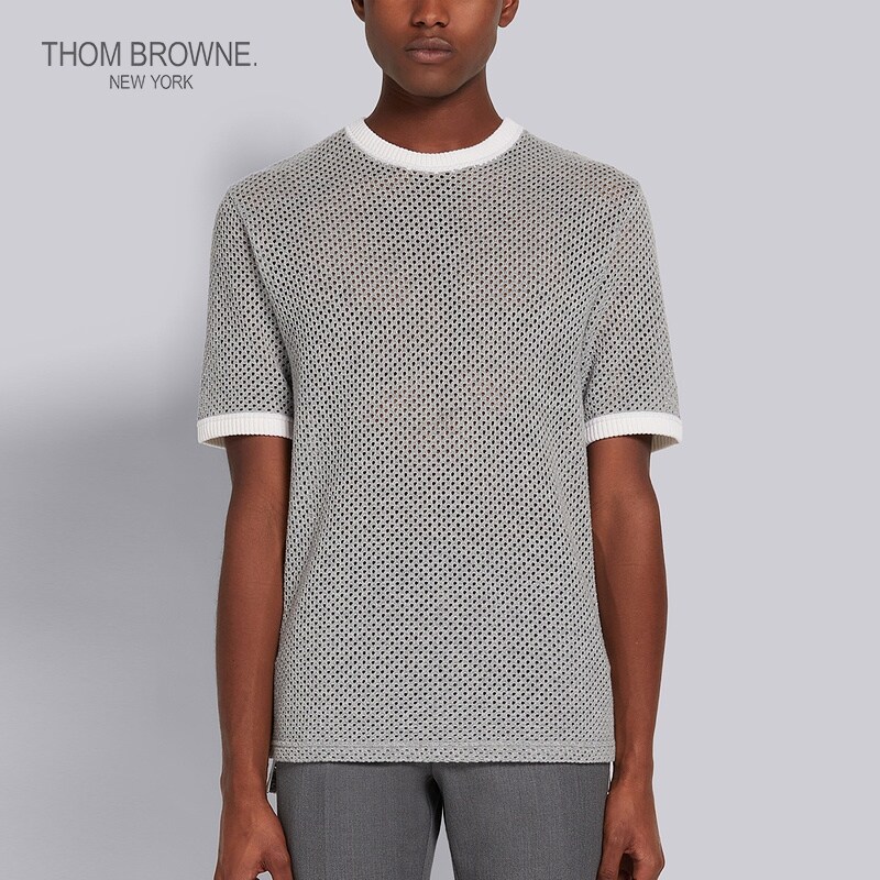 THOM BROWNE man 2022 Summer mesh cashmere light grey short sleeve T-shirt male