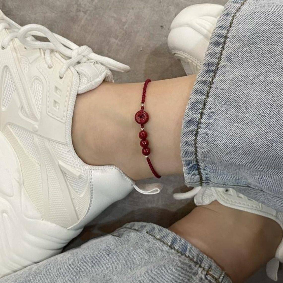Ping An Shun Sui red Zhu sand Ping An Buttons Red Rope Foot Chain Female Bestie Students This Life Year Lovers Foot Rope Gift Xia-Taobao