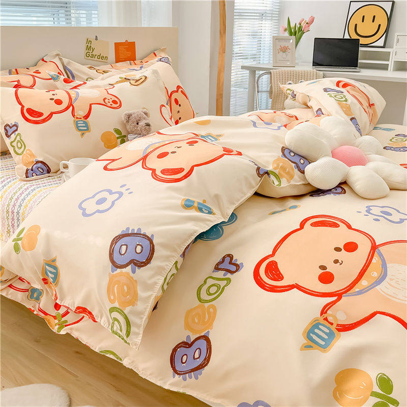 Ins Korean cute cartoon girl heart bear quilt cover four-piece single student dormitory bed sheet three-piece set