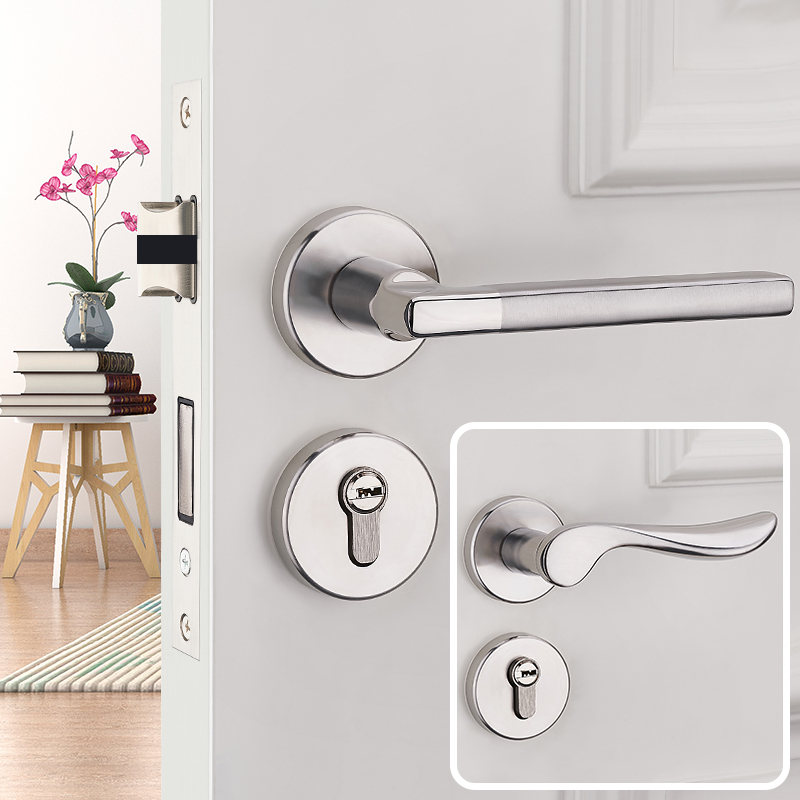 Stainless steel door lock room bedroom door lock three pieces of cosmetic room door handle simple European solid wood door lock