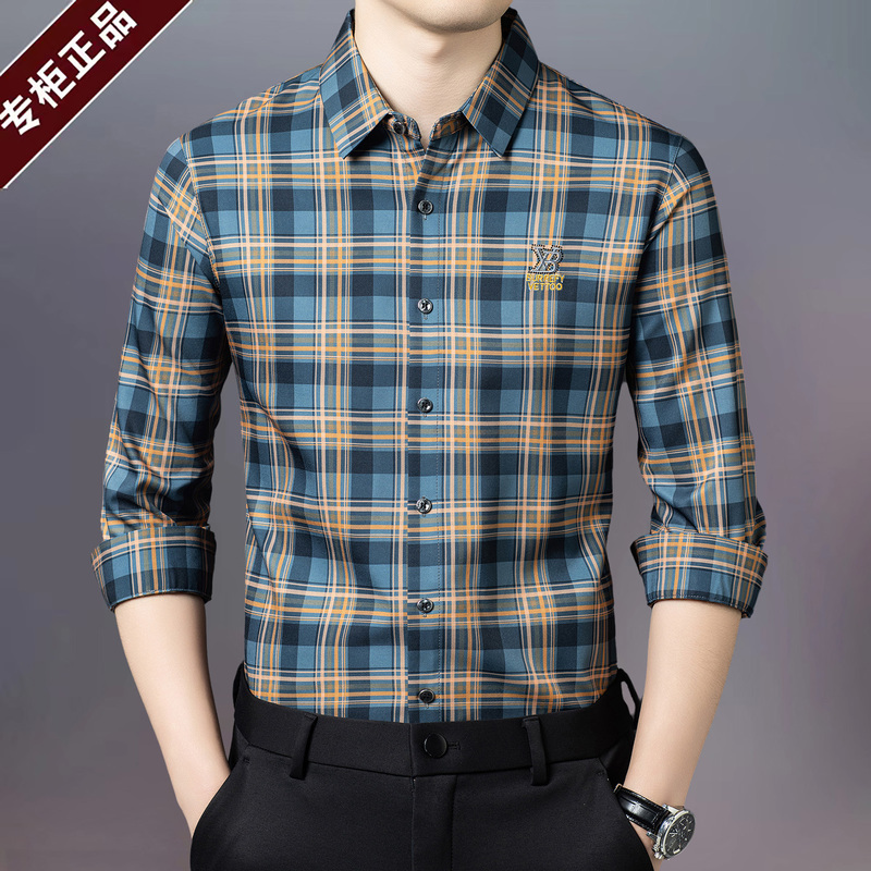 Italian Luxury Brand 2026 New Mulberry Silk Plaid Shirt Men's Long-Sleeved Business Casual Middle-Aged Shirt Italian Luxury Brand 2026 New Mulberry Silk Plaid Shirt Men's Long-Sleeved Business Casual Middle-Aged Shirt