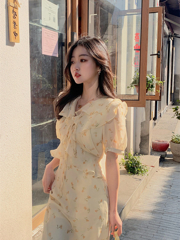 Sandor Bassa French gentle wind skirt 2022 new summer yellow temperament waist floral dress female