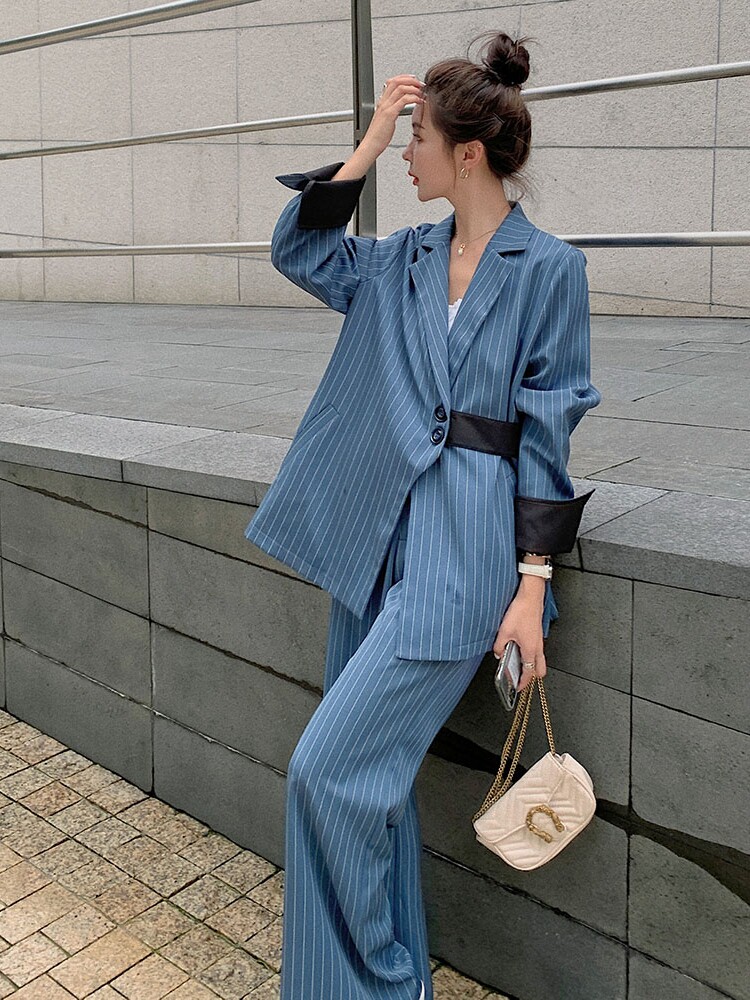 Sandro bassa striped suit women's early autumn 2021 new fashion net red temperament wide-leg two-piece suit
