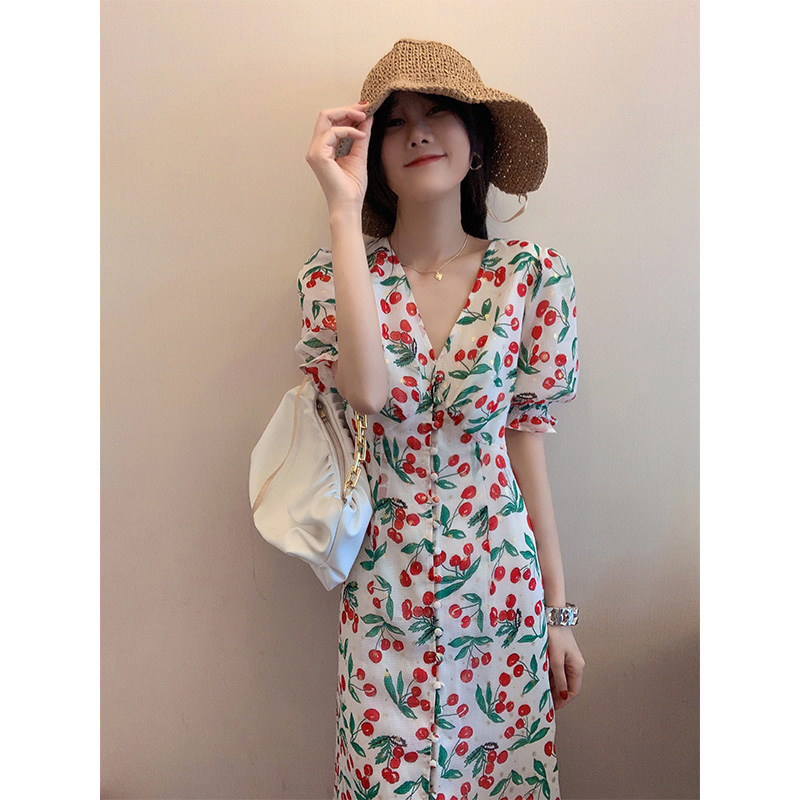 Sandro Bassa French temperament gentle wind 2022 summer new waist puff sleeve floral dress female