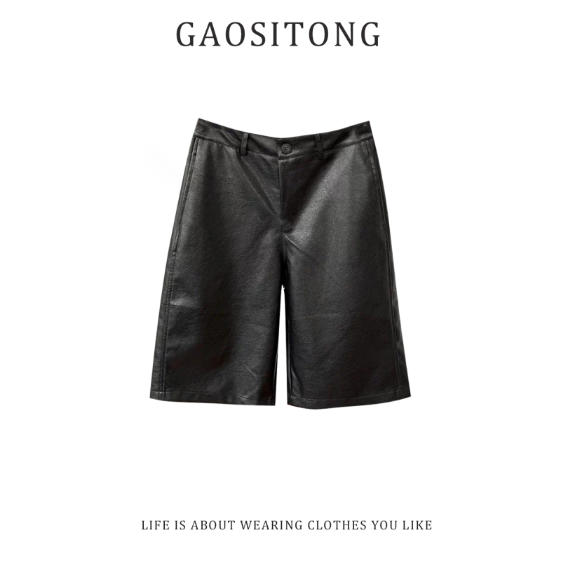 Gaositong Korean Style Design Pu Leather Mid-Waist Five-Point Shorts for Women, Summer 2026, Black Slimming Straight Shorts