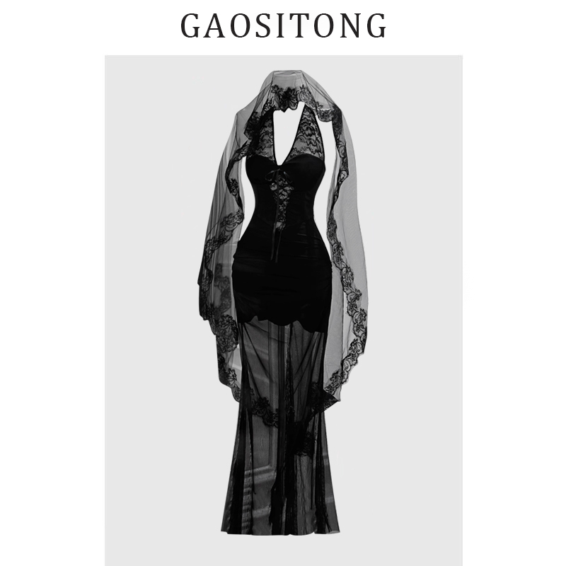 Gaositong Christmas Black Bridal V Neck Lace Dress Women's Spring and Summer 2026 Mesh Hip-Hugging Fishtail Skirt Gaositong Christmas Black Bridal V Neck Lace Dress Women's Spring and Summer 2026 Mesh Hip-Hugging Fishtail Skirt