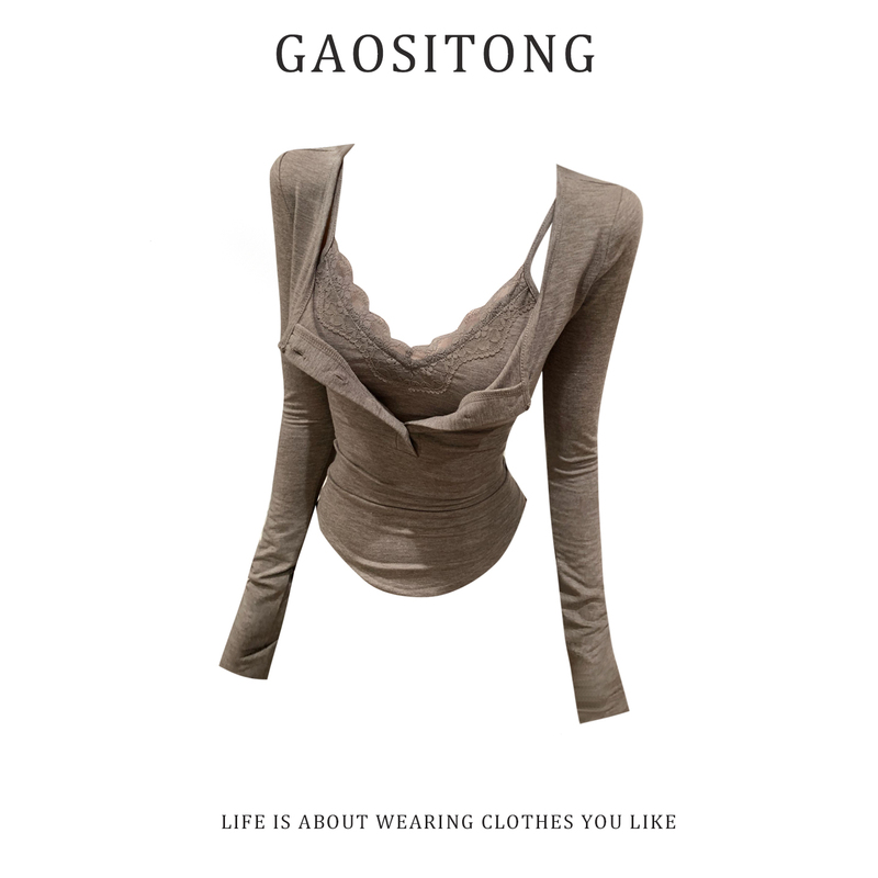 Gaositong Pure Desire Style Fake Two-Piece Lace Patchwork T-Shirt for Women Early Autumn 2026 Sexy Slim-Fit Top